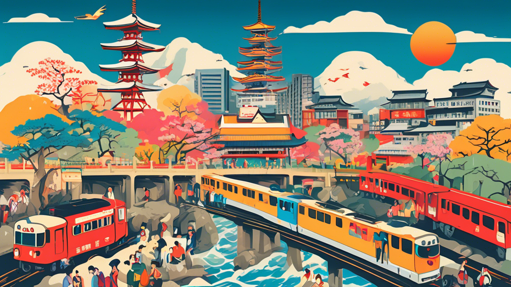 a colorful illustration of tourists experiencing various troubles in Japan such as getting lost, misunderstanding train schedules, and struggling with language barriers, with iconic Japanese landmarks in the background