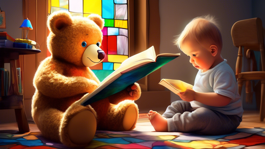 A teddy bear reading a book called New Baby to a curious toddler, with a stork delivering a wrapped baby in the background.