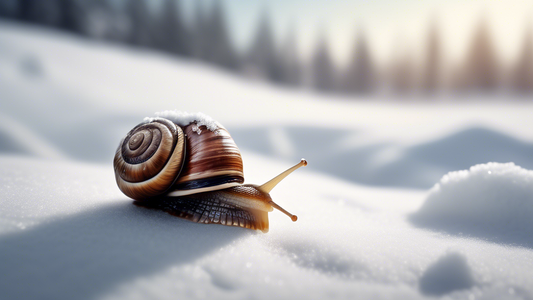 A snail wearing a thick winter coat in a snowy landscape