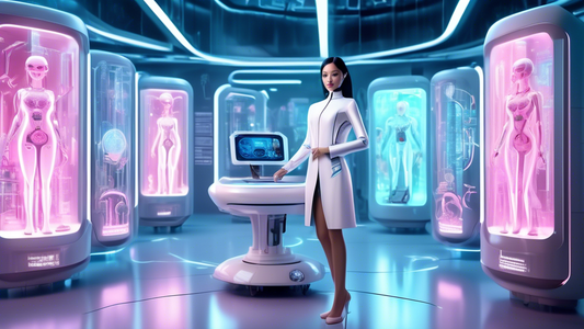 A futuristic laboratory setting with advanced medical technology and artificial organ prototypes, featuring a polished and stylish billionaire female figure inspired by Barbie, dressed in elegant desi