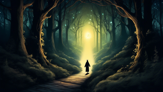 A softly lit, enchanting forest path leading into a mysterious, glowing portal, with a shadowy figure extending a hand invitingly towards the viewer, under a star-studded night sky.