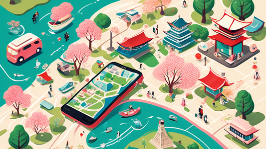 A vibrant, illustrated map showing a tourist happily using the Welcome Suica App on their smartphone to navigate the bustling streets and iconic landmarks of Japan, with convenient travel icons and cherry blossoms floating in the background.