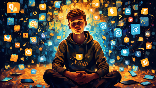 A digital painting of a teenager sitting in a dimly lit room surrounded by glowing social media icons with expressions of joy and sadness on their face, reflecting the impact of social media on mental health, in a style reminiscent of Van Gogh.