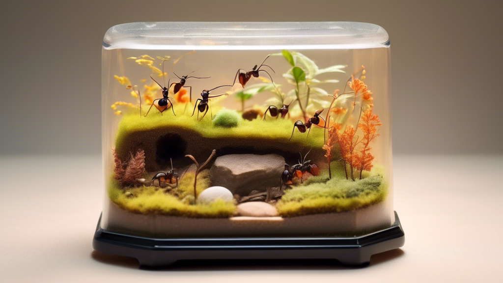 An ant farm thriving through the four seasons, showing detailed care rituals and activities tailored for spring, summer, autumn, and winter.