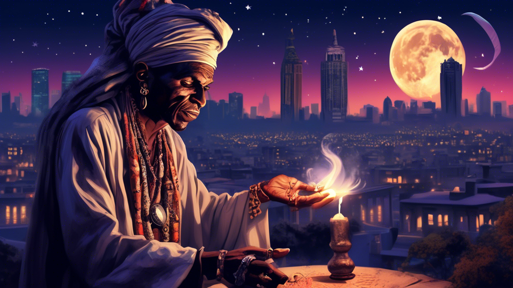 A mystical and serene witch doctor, Sheikh Samir, performing a powerful love spell under a moonlit sky with iconic landmarks from the UK, USA, and Australia in the background.
