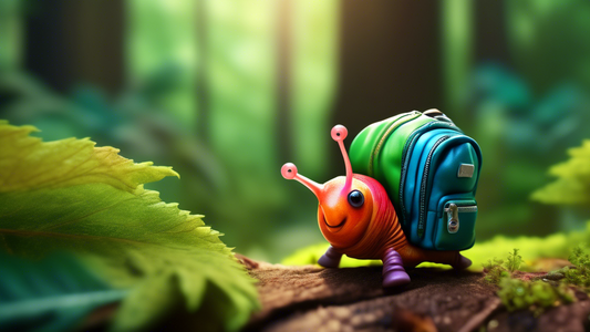 A tiny, brightly-colored snail wearing a backpack and hiking boots, walking through a lush and vibrant forest