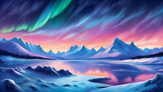 A breathtaking panoramic view of the Arctic landscape during the magical twilight hour, showcasing the serene beauty of snow-covered mountains with a glimpse of the Northern Lights illuminating the sky.