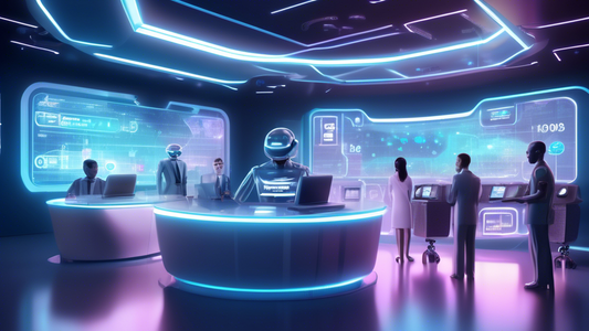 An illustration of a futuristic customer service center for a global loan company, with holographic displays showing helpline numbers and friendly robots assisting customers.