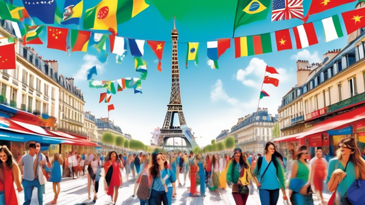 A bustling European plaza filled with tourists holding flags from China and Brazil, with the Eiffel Tower in the background and a banner reading Welcome 2024 in multiple languages.