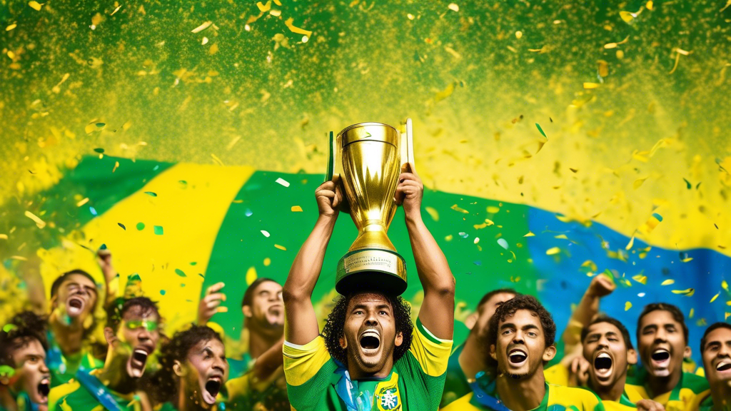 A golden trophy held high in the air amidst a shower of green and yellow confetti, with a determined Brazilian soccer team celebrating in the background and a faded Uruguayan flag in the distance.