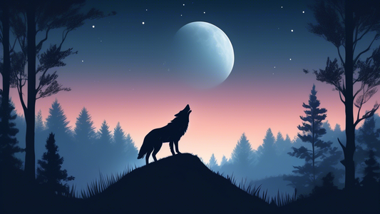 A serene landscape at dusk featuring a lone wolf standing atop a tranquil, grassy hill, with a soft, glowing full moon overhead, illuminating a peaceful forest in the background.