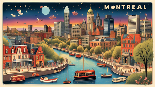 An enchanting montage of the top 25 attractions in Montreal, each depicted in a charming illustrated postcard style, showcasing landmarks, cultural hotspots, and hidden gems favored by long-term residents, under the soft glow of a twilight sky.