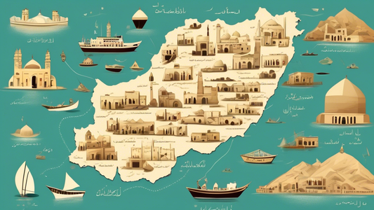 An artistic map showcasing the locations of Chabahar, Khash, and Khorramabad in Iran, with iconic symbols representing each city's cultural heritage.