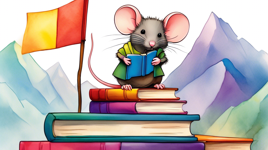 A tiny mouse standing triumphantly atop a mountain of colorful books, holding a small flag with the word Champion on it.