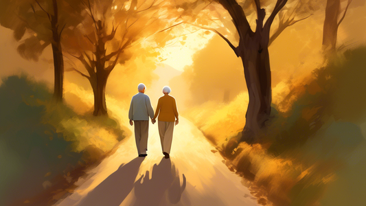 A serene digital painting of an elderly couple holding hands while taking a long walk down a picturesque, tree-lined country lane at sunset, with soft golden light filtering through the leaves.