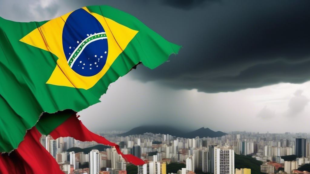 A tattered Brazilian flag blowing in the wind with storm clouds gathering overhead and graphs showing downward economic trends in the background.