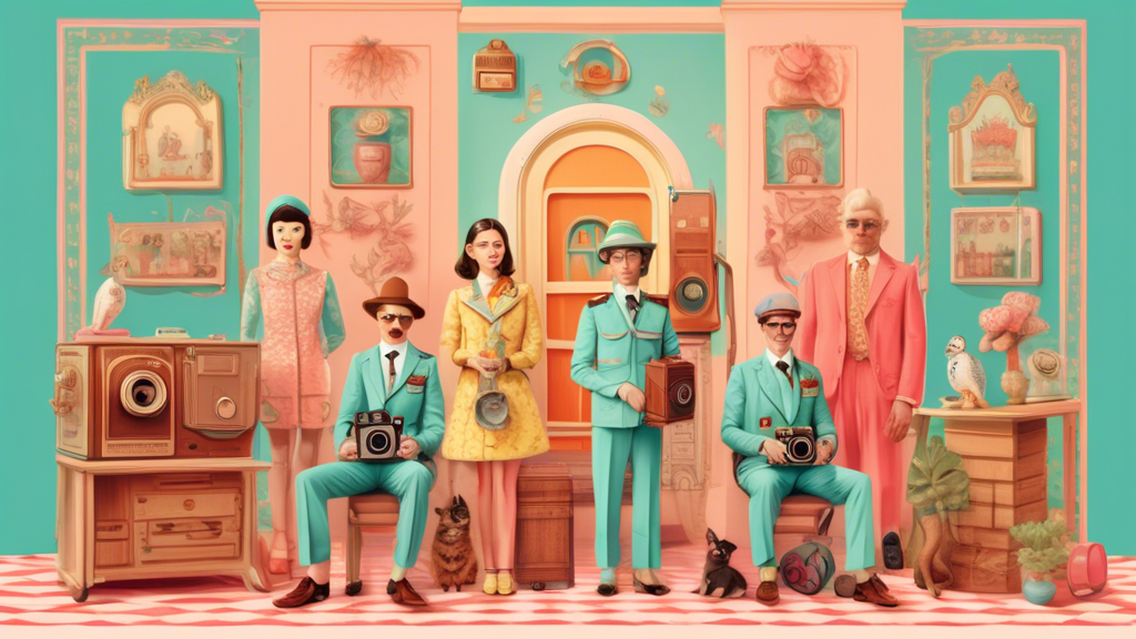 Detailed illustration of a whimsical and symmetrically composed scene inspired by Wes Anderson's aesthetic, featuring a vintage camera, quirky characters in vibrant costumes, and a meticulously organized setting with pastel colors and intricate patterns.