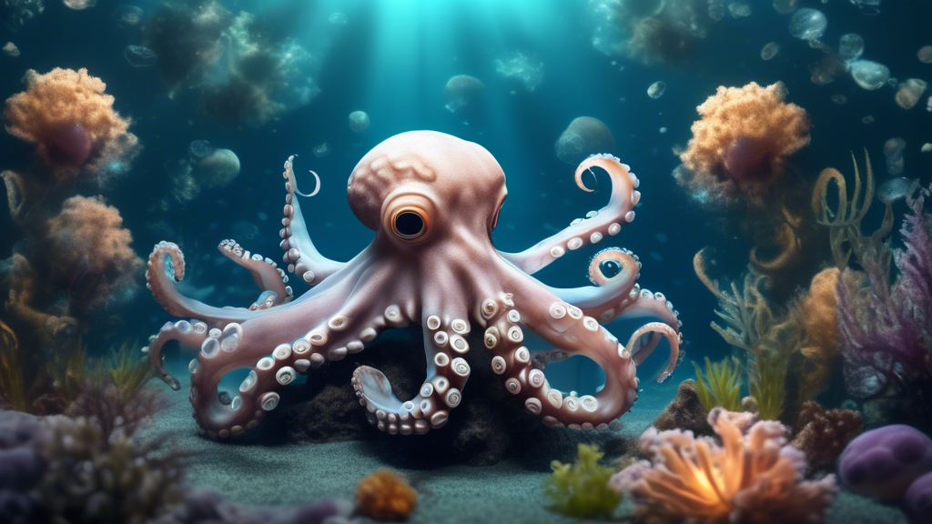 An octopus meditating under the sea, surrounded by various mollusks practicing mindfulness, with underwater plants and soft, calming light filtering through.