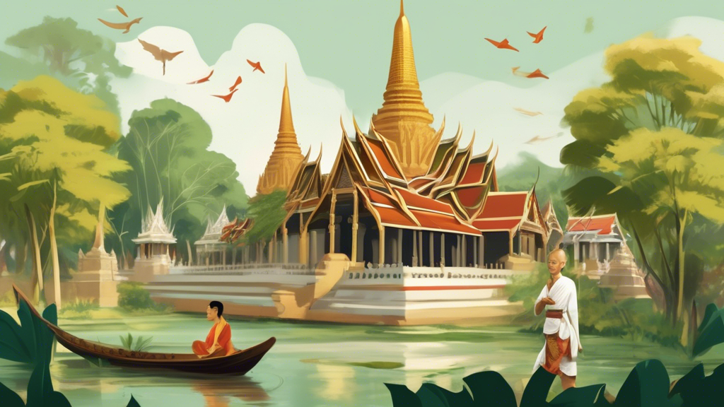 Prompt for DALL-E: Create a detailed illustration that captures the essence of Thai history, featuring iconic elements such as ancient temples, traditional Thai architecture, floating markets, and his