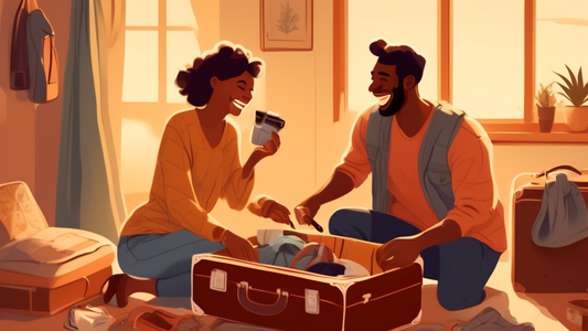 A loving couple laughing together while packing a single suitcase, surrounded by travel items, in a warmly lit room, symbolizing their first trip together.