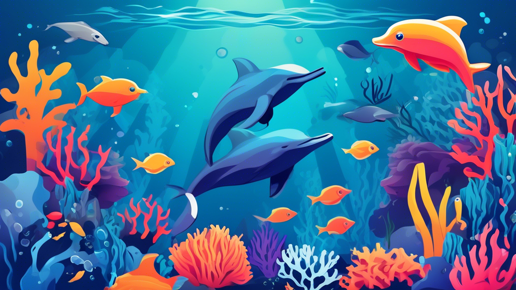 Design a vibrant, captivating graphic template showcasing a lively aquarium event, featuring diverse marine life like colorful fish, corals, and a playful dolphin, with ample space for event details and social media icons.