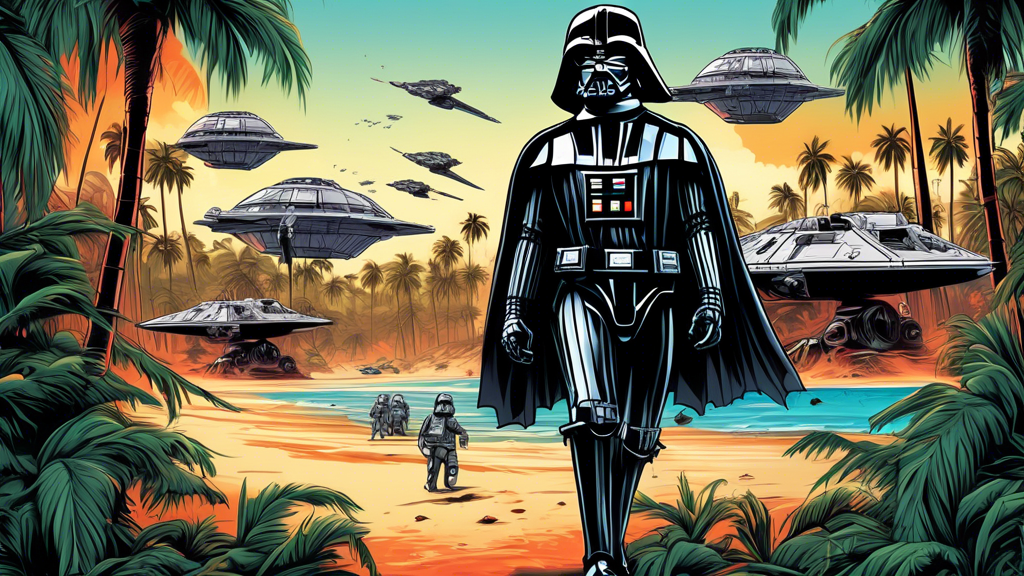 Darth Vader leading an adventure on the Death Star with TIE Fighters and AT-ATs set against a backdrop of exotic palm trees, all depicted as a vibrant, detailed illustration on a T-shirt.