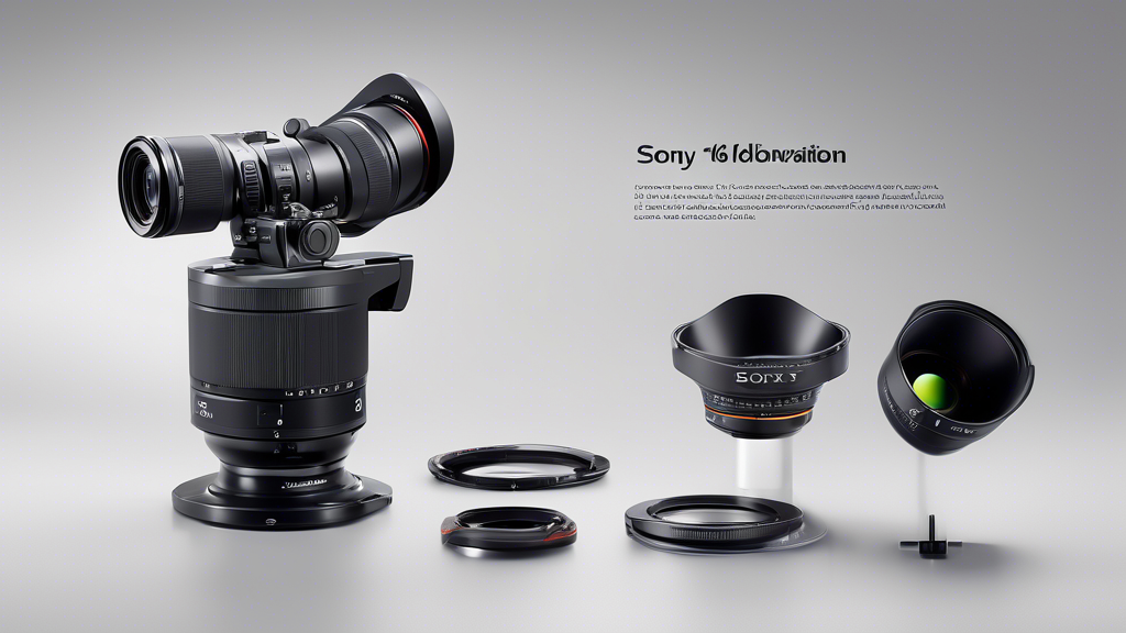 Ultra-high definition digital concept art of the newly unveiled Sony 16–50mm SELP16502 Kit Lens, prominently displayed on a pedestal, surrounded by floating camera parts and technical diagrams, with holographic text showcasing 'A Decodiacal Innovation'.