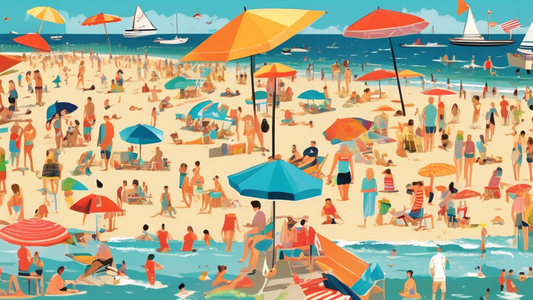 A vibrant and diverse collage showcasing the 17 best beaches in Massachusetts, each with its unique charm, from serene sandy shores to bustling beachfronts populated with colorful umbrellas and families enjoying a sunny day.