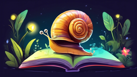 A snail wearing a tiny headlamp exploring a garden at night