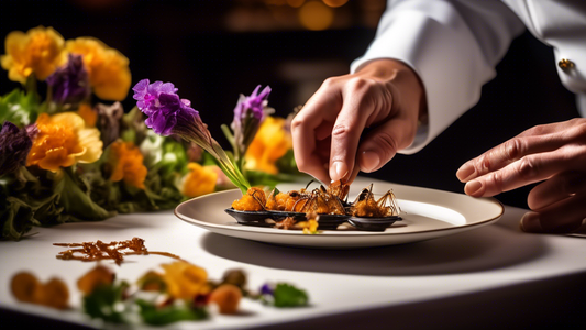 A gourmet chef delicately plating a crunchy cicada chip appetizer on a luxurious table setting, with a side of gourmet dipping sauce and edible flowers, in a high-end restaurant atmosphere.