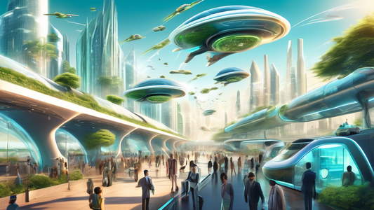 Digital illustration of a futuristic, eco-friendly city with flying cars, high-speed trains, and travelers using advanced, wearable technology devices under a bright, technologically advanced sky.