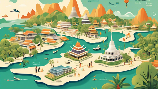 Create an image of an open handbook titled 'An Expat’s Handbook to Health Insurance in Thailand,' featuring illustrations of various health insurance cards, medical facilities in Thailand, and a map w