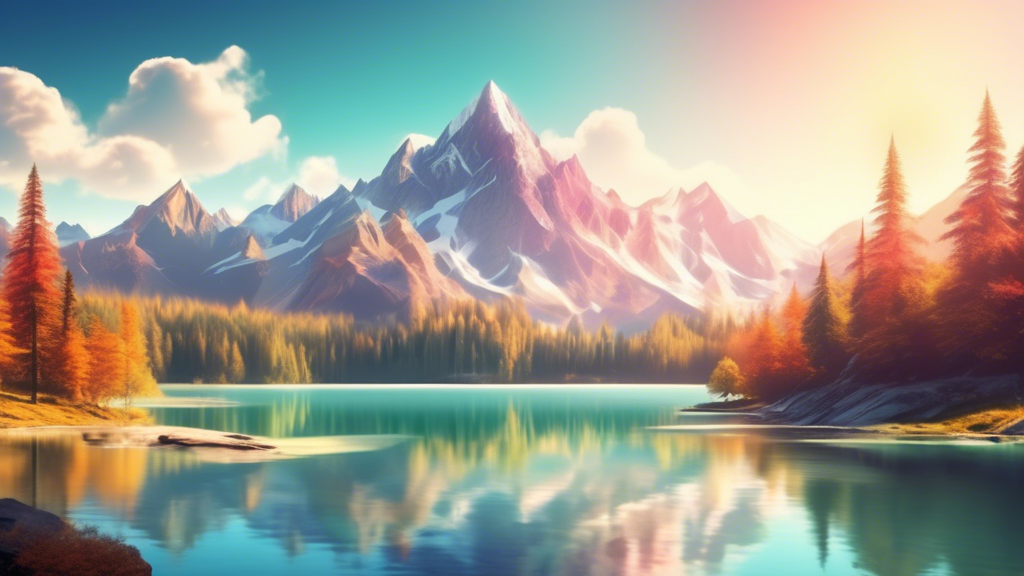 Create an awe-inspiring image of a sunlit mountain range with vibrant forests and a crystal-clear lake in the foreground, perfect for a Nature Powerpoint Template background.