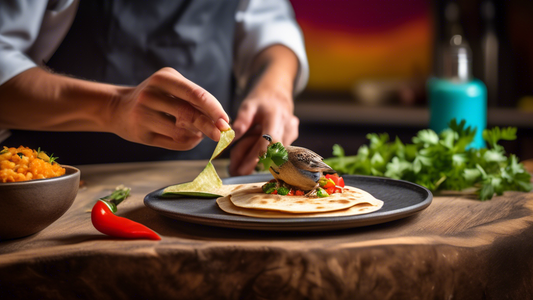 A gourmet chef delicately placing a quail and flea quesadilla on a rustic plate, garnished with cilantro, with a vibrant, colorful Mexican kitchen background.