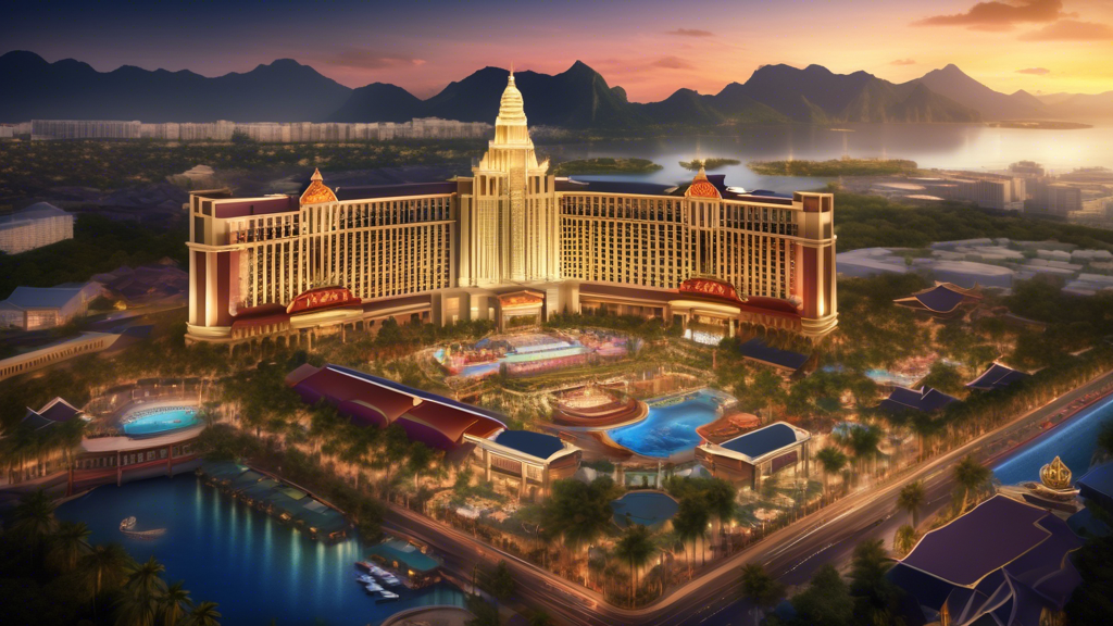 Create a detailed illustration showcasing MGM Resorts International drafting architectural plans and blueprints for luxurious casino resorts set against the vibrant backdrop of Thailand. Include iconi