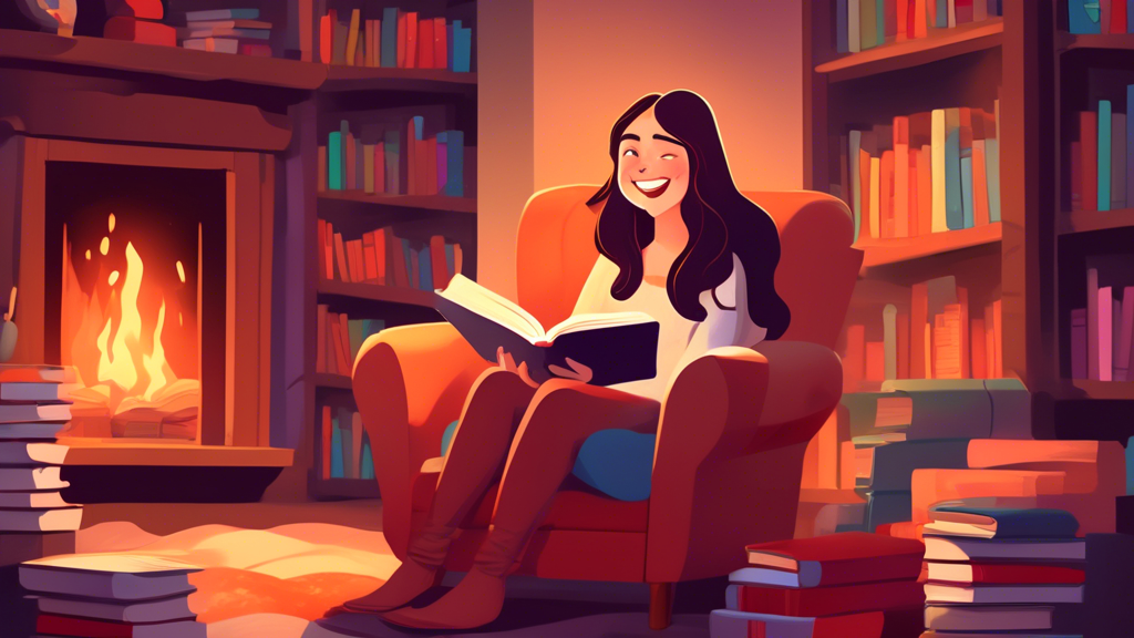 A young woman with long, flowing hair sits in a cozy armchair, surrounded by stacks of books. She is smiling and holding a book open in her lap, lost in the story. The room is warm and inviting, with 