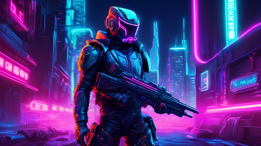 Digital artwork of a futuristic bounty hunter named Baro with cybernetic enhancements in a neon-lit urban landscape at night, preparing to capture a target.