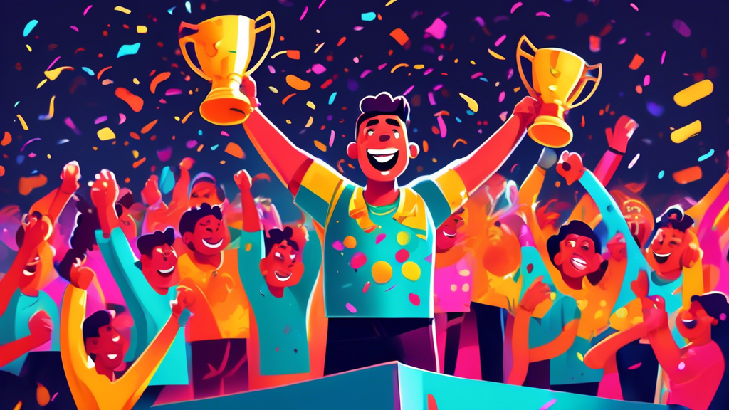 An illustration of a triumphant person standing on a podium holding a trophy, wearing a vibrant shirt with 'Phaggot World Champion' imprinted on it, surrounded by cheering fans and confetti, in a cartoon style.