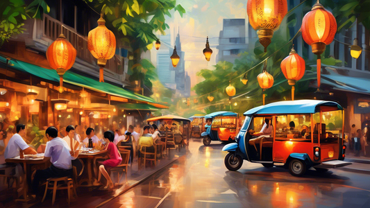 Create an image of a bustling café scene in Bangkok. Include vibrant street life with tuk-tuks passing by, a mix of modern and traditional Thai architecture in the background, and locals and tourists 