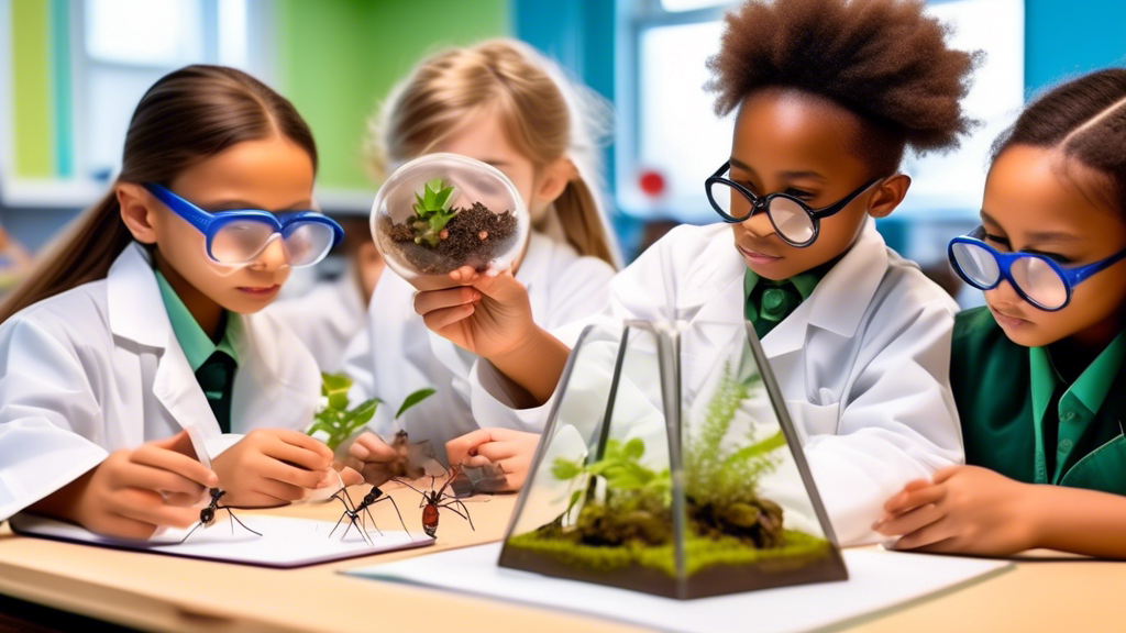 A group of children wearing lab coats and safety goggles, carefully observing a terrarium with acrobat ants (Crematogaster) constructing an ant hill, with magnifying glasses and notebooks in hand, in a bright, modern science classroom.