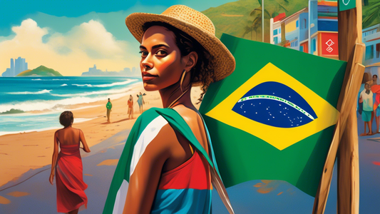 A person holding a Brazilian flag standing at a crossroads with signs pointing to various visa options, a beach in the background, painted in a realistic style.