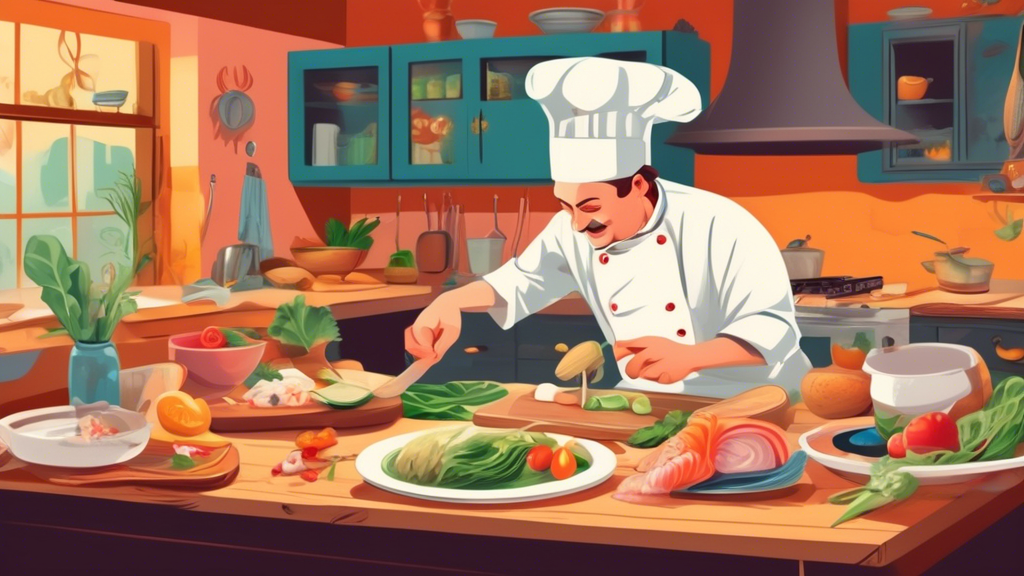 A colorful illustration of a whimsical kitchen scene where a chef is preparing Rhinobeetle Rolls with fresh ingredients on a wooden countertop, with a finished plate of the inventive dish served on a table in the foreground.