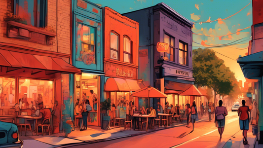 A cozy street view in Austin, Texas, bustling with local cafes, vibrant live music, and diverse street art, capturing the essence of daily life in the heart of the city, as viewed during a warm sunset.