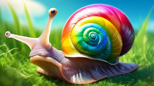 A happy snail wearing a rainbow colored shell sliding across a lush green meadow under a bright blue sky