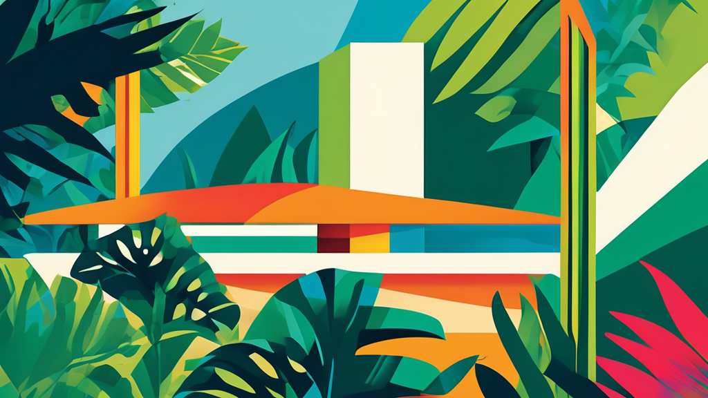 DALL-E prompt:

A vibrant, abstract illustration merging Brazilian modernist architecture with lush tropical foliage, featuring bold geometric shapes and vivid colors reminiscent of Oscar Niemeyer's i