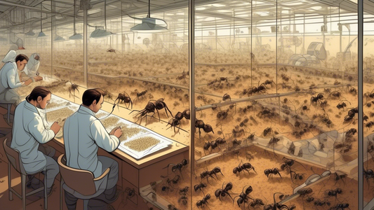 A detailed illustration of scientists in a laboratory environment observing and taking notes on a large, complex ant farm that showcases various chambers, with a magnified view showing the intricate behaviors and farming techniques of the ants.