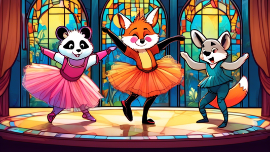 A panda bear wearing a tutu, a fox in tap shoes, and a kangaroo in ballet slippers, all dancing together on a stage