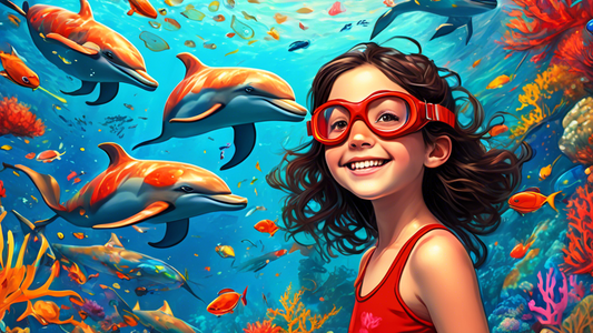 A young girl with dark hair in a red swimsuit and goggles, smiles as she swims underwater with a pod of dolphins and colorful fish, surrounded by coral reef.