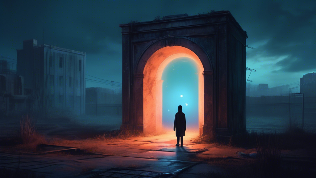 A mysterious, glowing portal appearing in the middle of an eerie, abandoned urban landscape at dusk, with a curious person standing at the threshold, peering into the unknown dimensions it might lead to, undecided if they should step through.