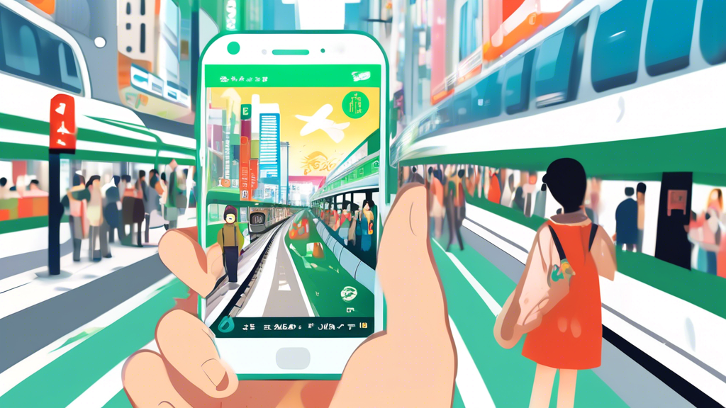 Digital illustration of a happy tourist using the Welcome Suica app on their smartphone while navigating through a bustling Tokyo street, with famous landmarks and a shinkansen (bullet train) in the background.